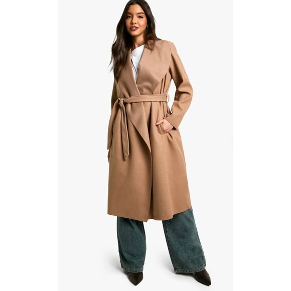Tan Brown Soft Belted Waterfall Trench Coat Size S/M - Picture 1 of 7